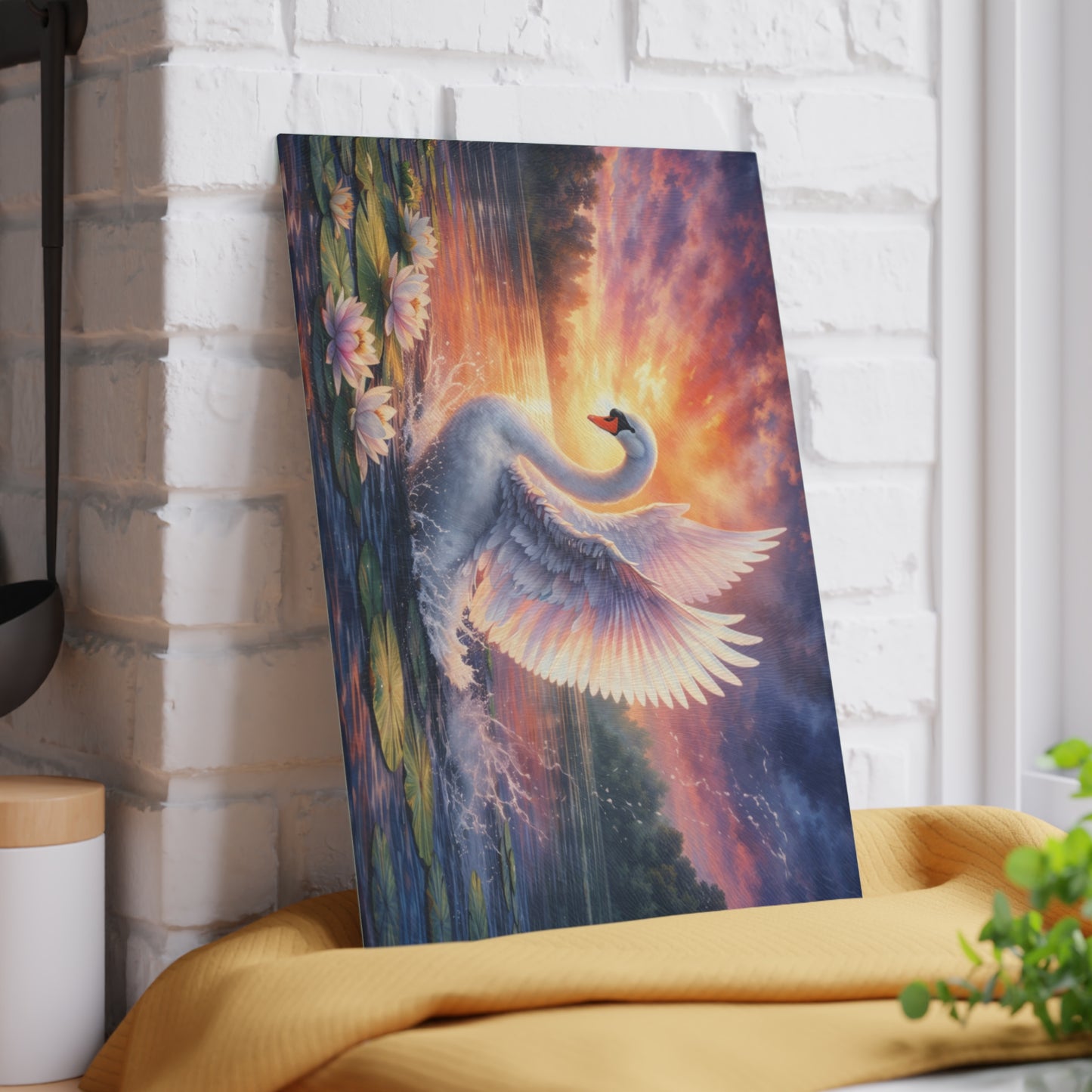 Graceful Swan Sunset Glass Cutting Board – Elegant Lake Nature Kitchen Art