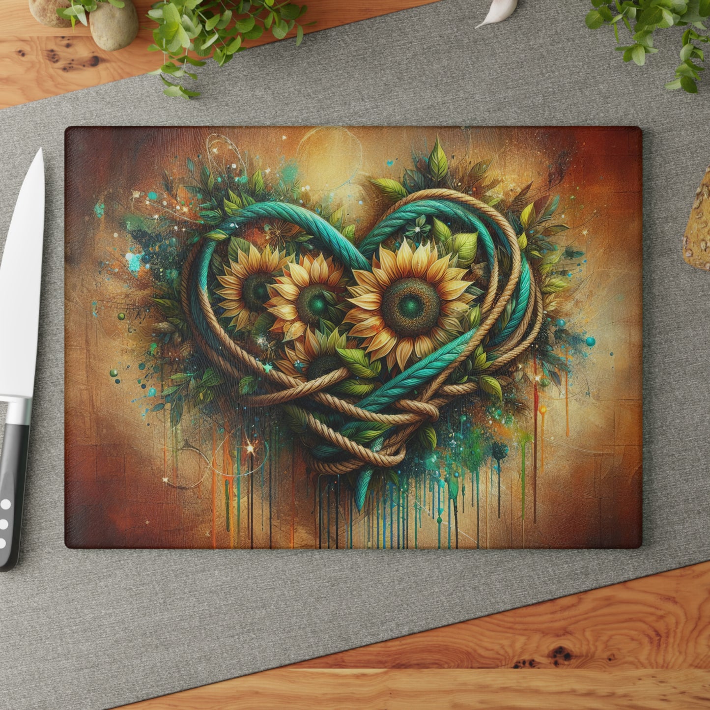 Sunflower Rope Heart Glass Cutting Board – Rustic Floral Love Kitchen Display
