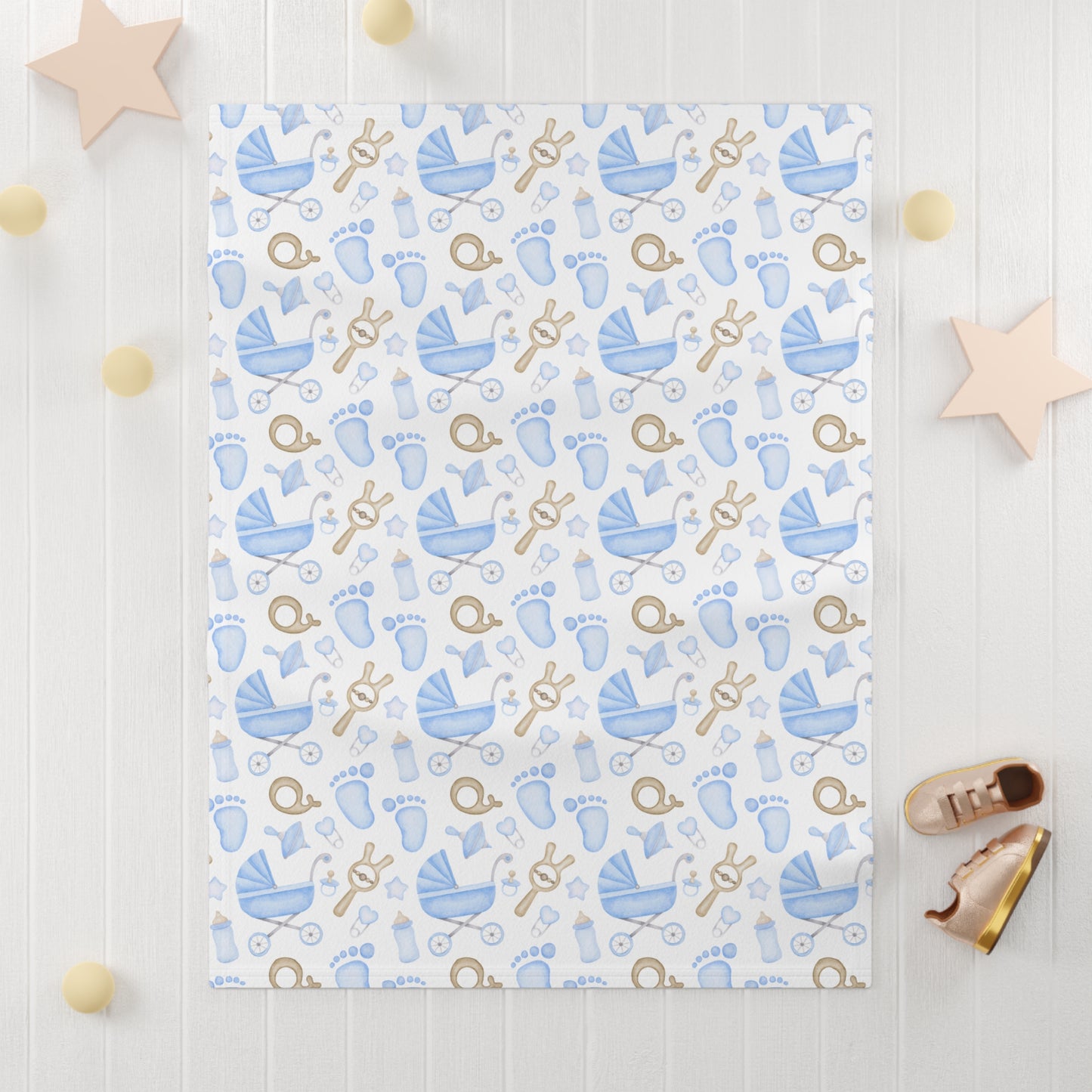 👶💙 Baby Icons Velveteen Plush Blanket – Blue on White