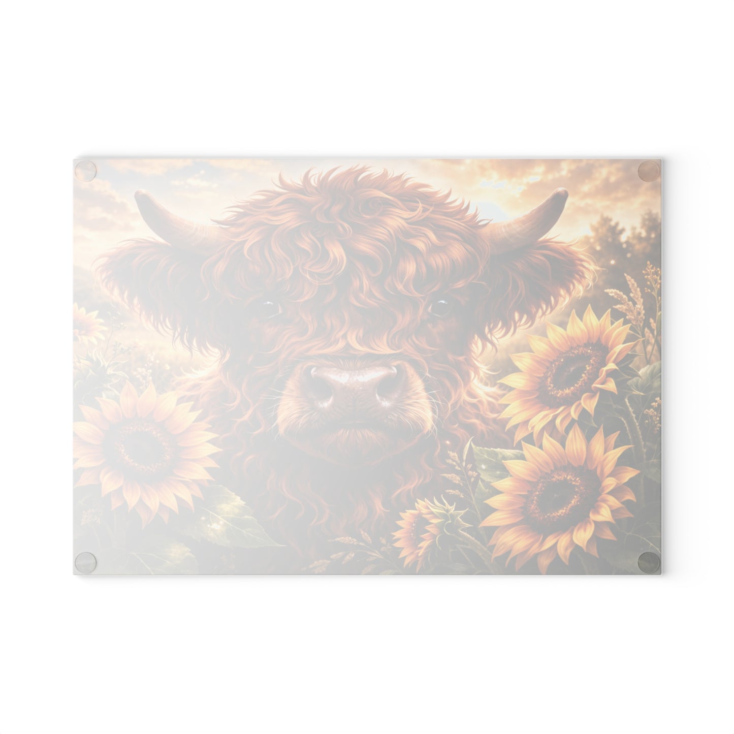 Sunflower Meadow Highland Cow Glass Cutting Board – Warm Farmhouse Floral Art with Country Charm
