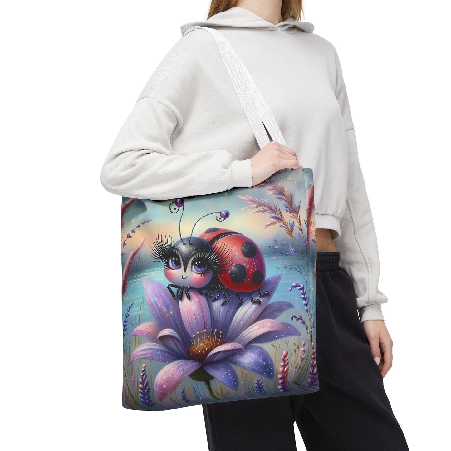 🐞 Mariquita sobre una flor junto al lago – Bolsa de tela inspirada en la naturaleza