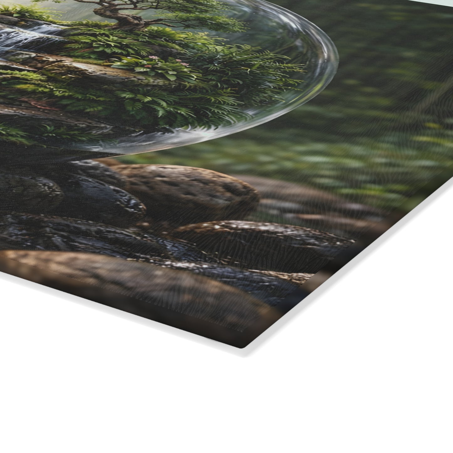 Enchanted Forest Waterfall Terrarium Glass Cutting Board – Nature-Inspired Zen Kitchen Art