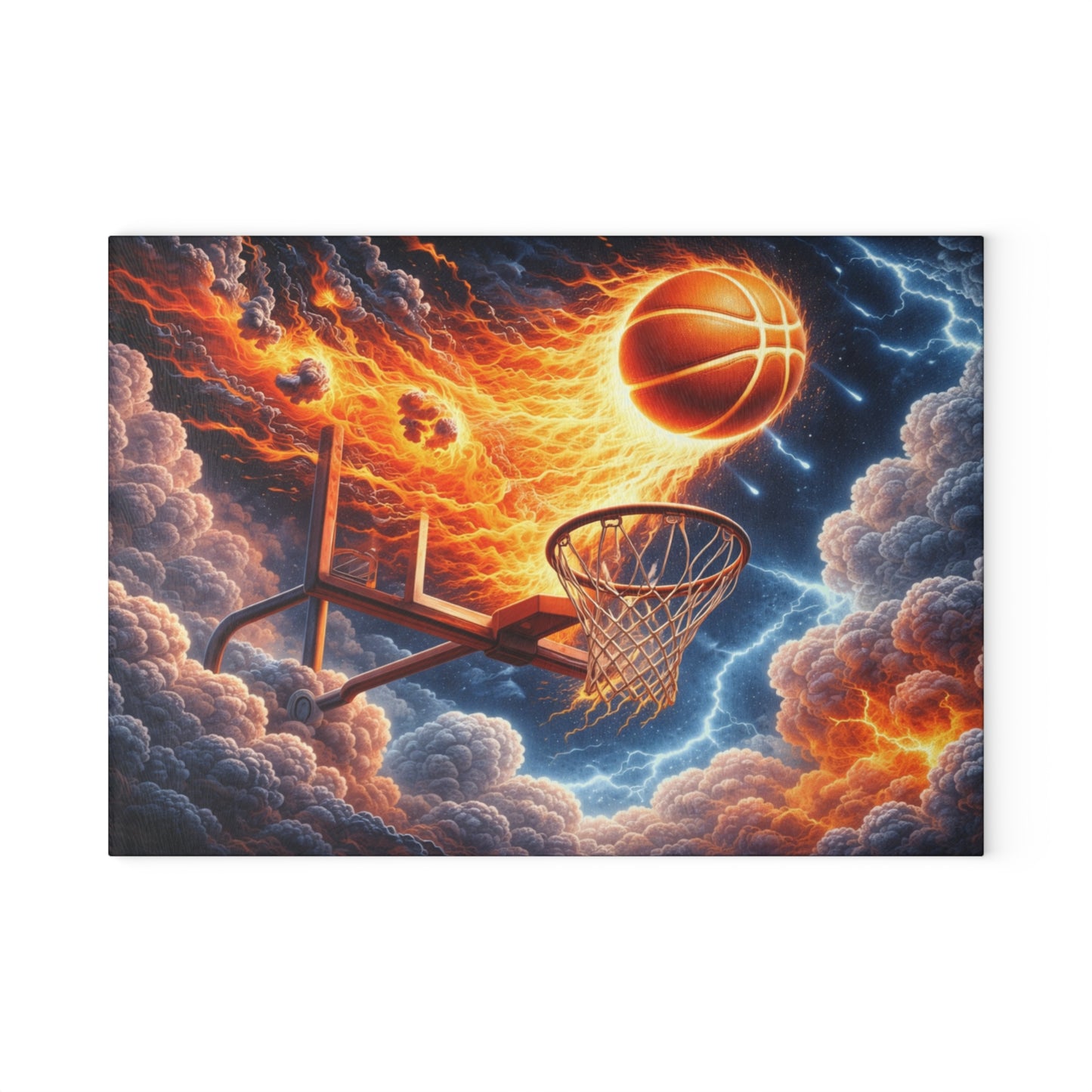 Fiery Basketball Slam Glass Cutting Board – High-Energy Sports Art for Your Kitchen