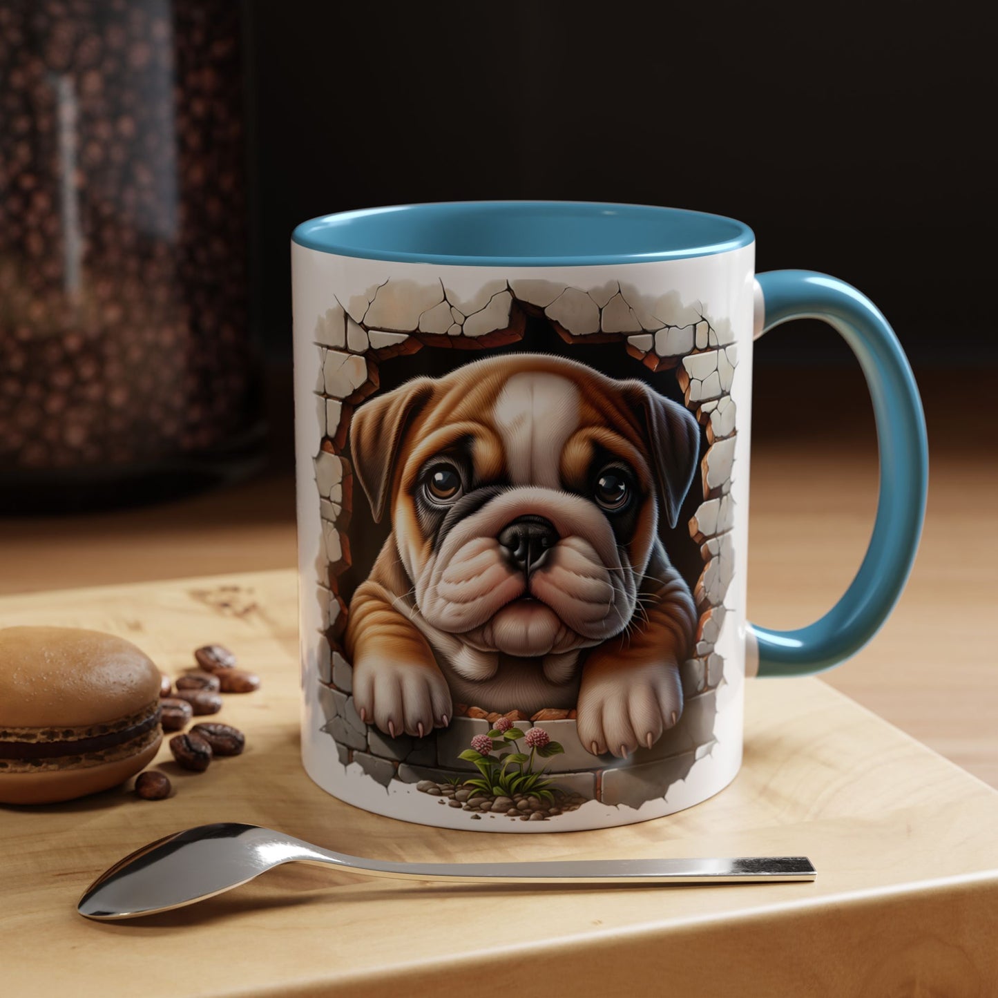 🎀🐶 English Bulldog Puppy Accent Mug – Cute Peek-Through Dog Design for Animal Lovers ☕💖