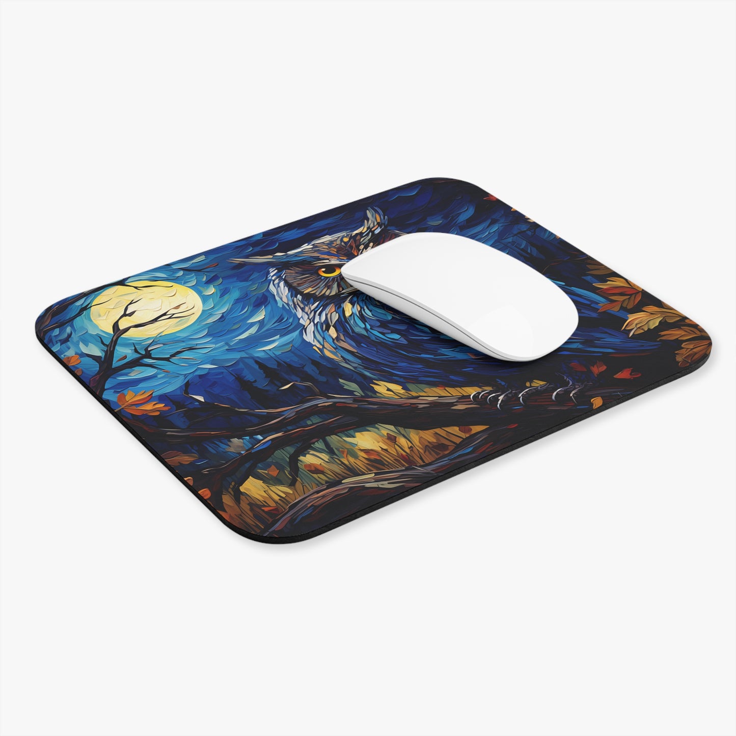 🖱️🦉🌕 Midnight Owl Mouse Pad – Full Moon Forest in Deep Blues