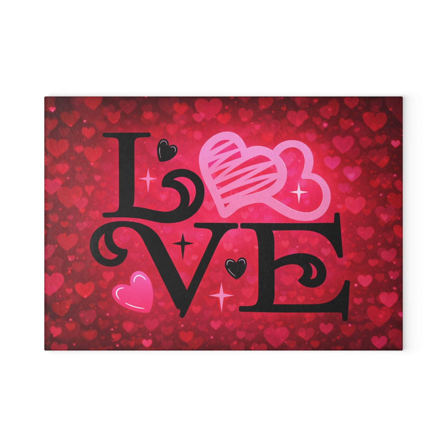 LOVE Heart Typography Glass Cutting Board – Romantic Red Heart Design for Meaningful Home Decor