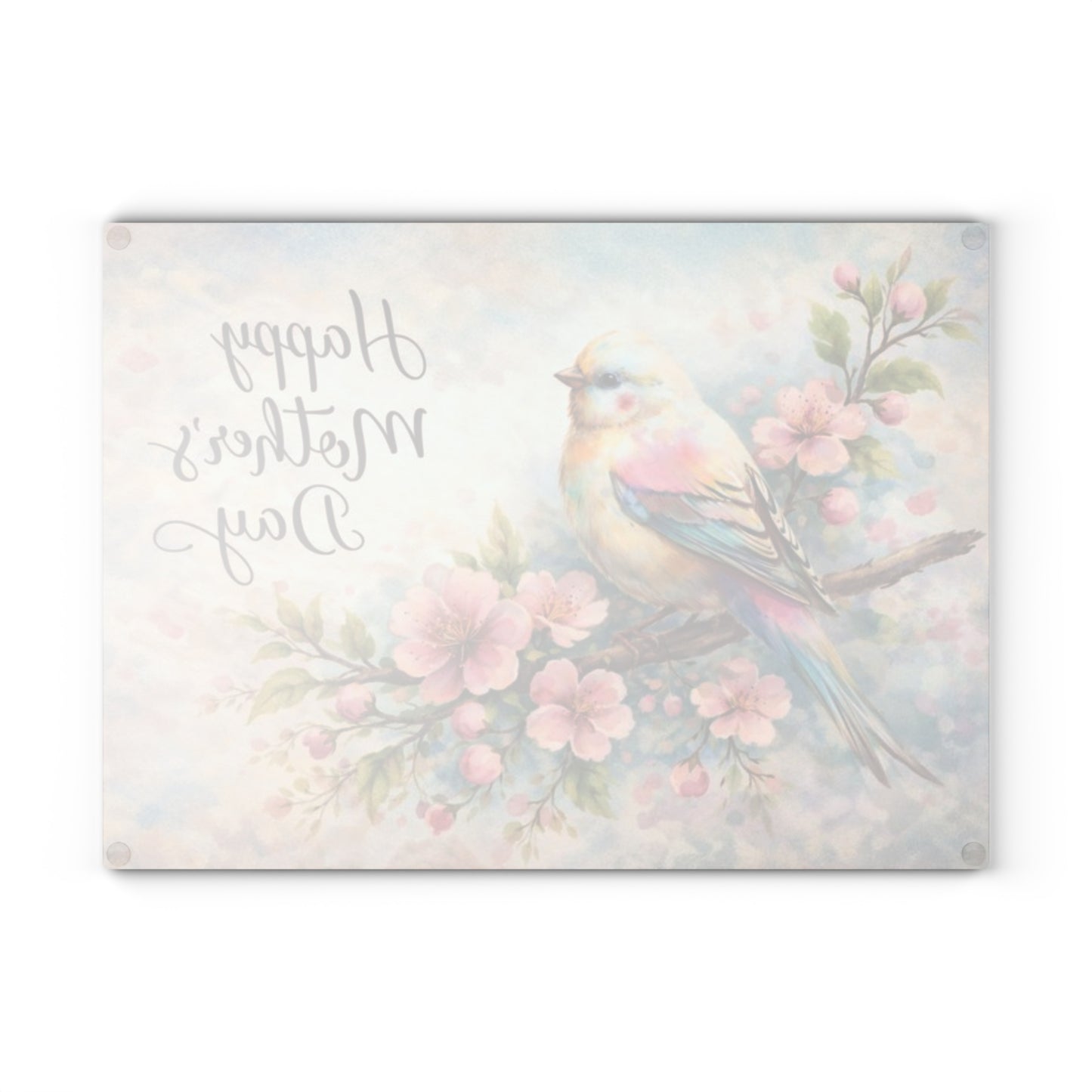 Happy Mother’s Day Bird & Cherry Blossom Glass Cutting Board – Soft Spring Floral Kitchen Accent