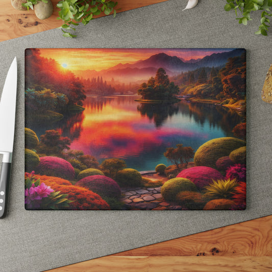Sunset Garden Lake Glass Cutting Board – Vibrant Nature Landscape Kitchen Art