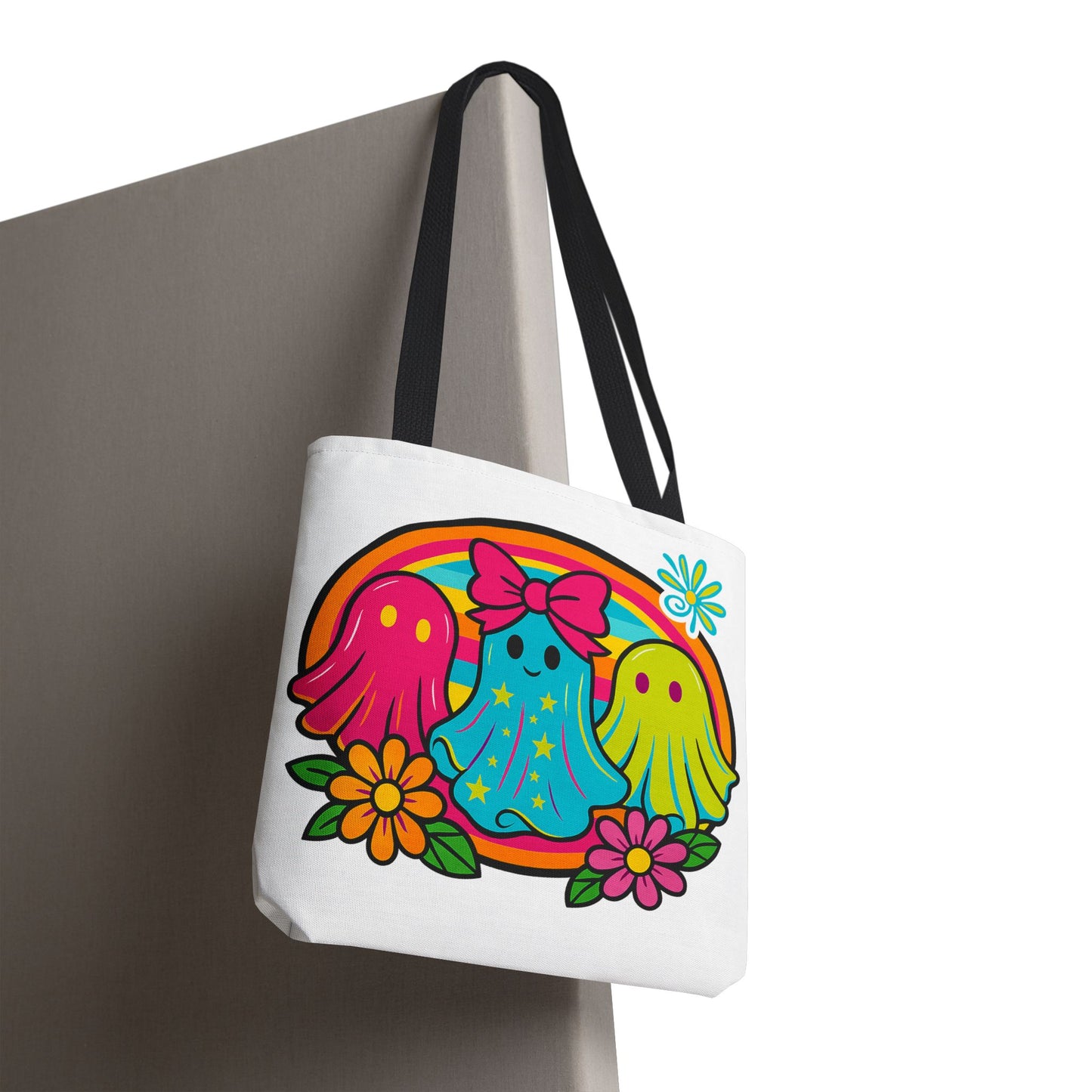🌈 Retro Rainbow Ghosts Tote Bag – Groovy Spooky Fun 👻👜