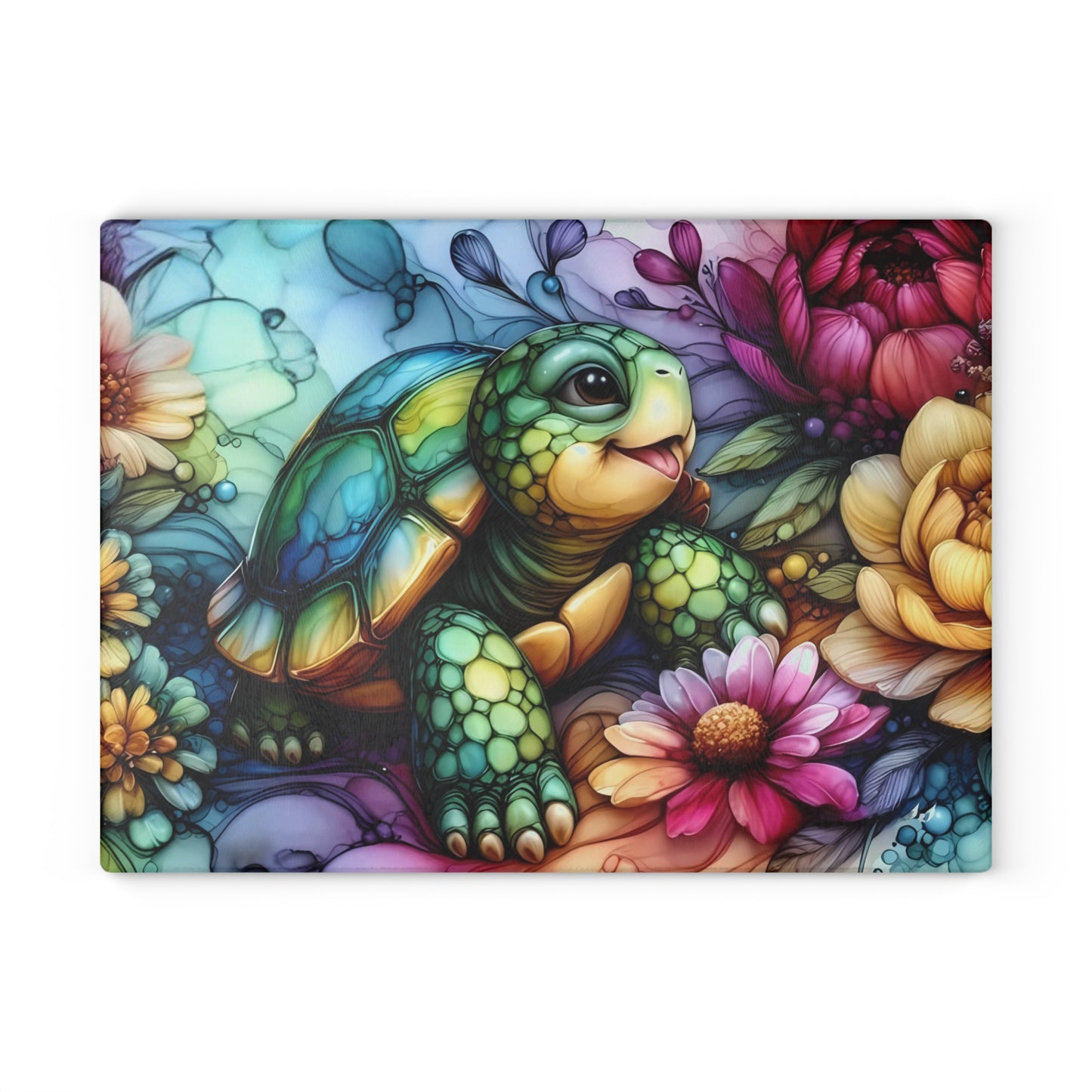 Tortoise in Bloom Glass Cutting Board – Floral Wildlife Kitchen Art