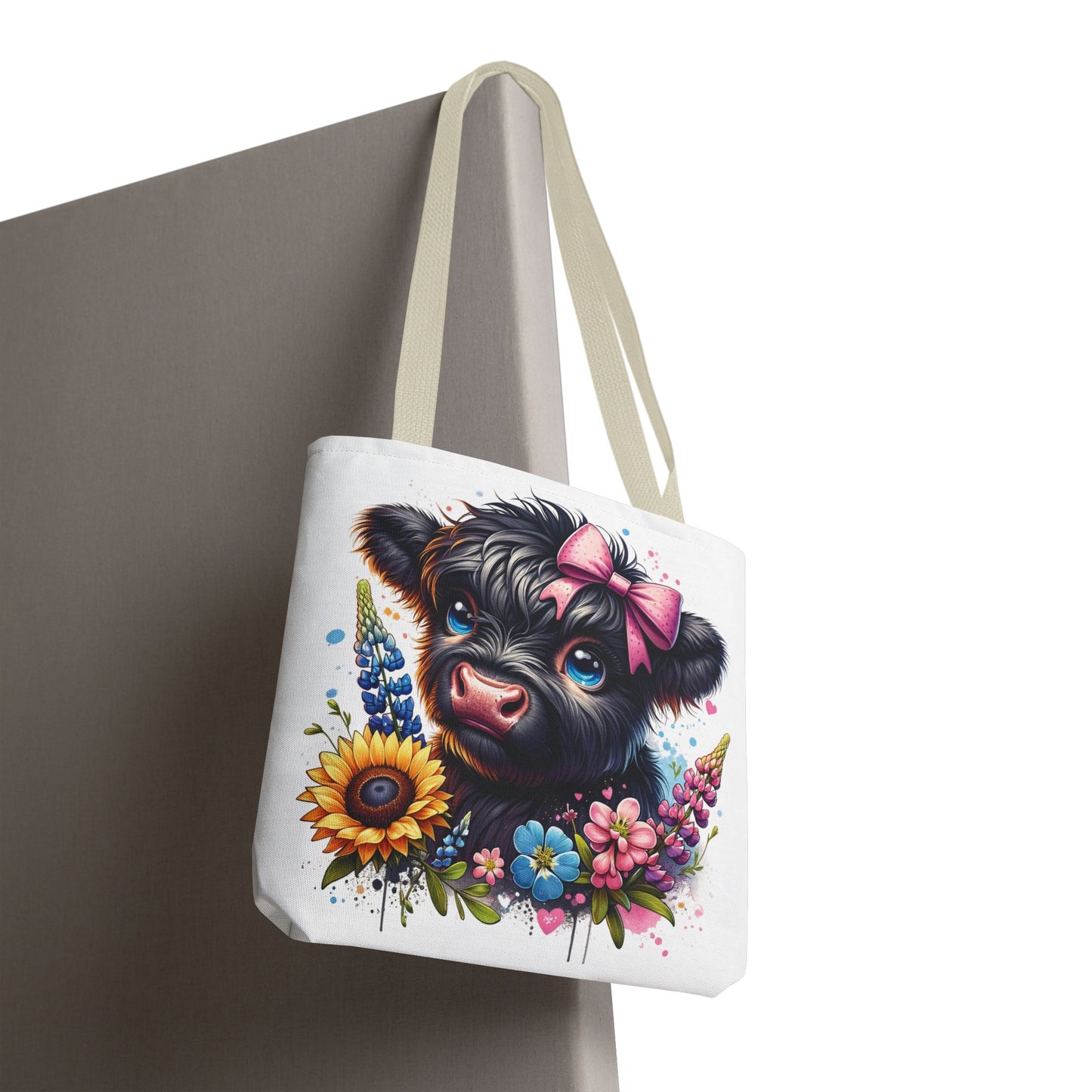 🌸 Black Highland Calf Floral Tote Bag – Sweet Style for Every Age 🐮👜
