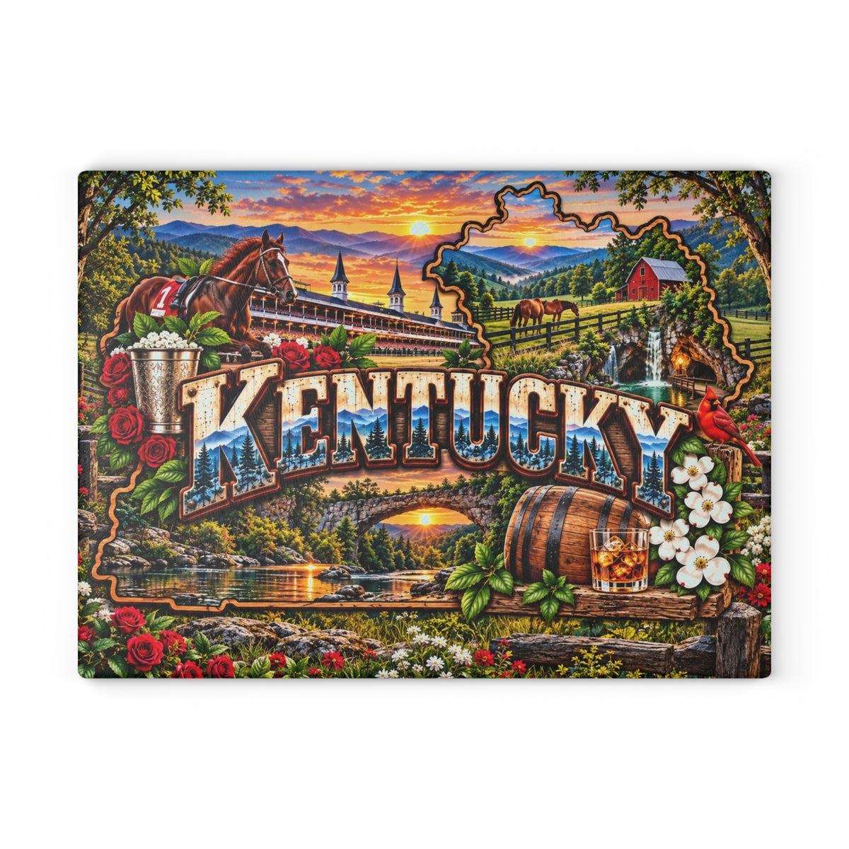 Kentucky Scenic Glass Cutting Board – Horse Racing, Bourbon Barrel, Red Cardinal & Bluegrass Country Décor