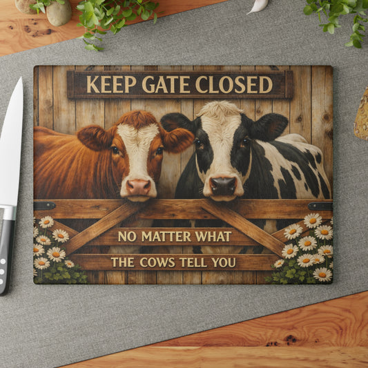 Keep Gate Closed Cow Glass Cutting Board – Funny Farmhouse Kitchen Decor