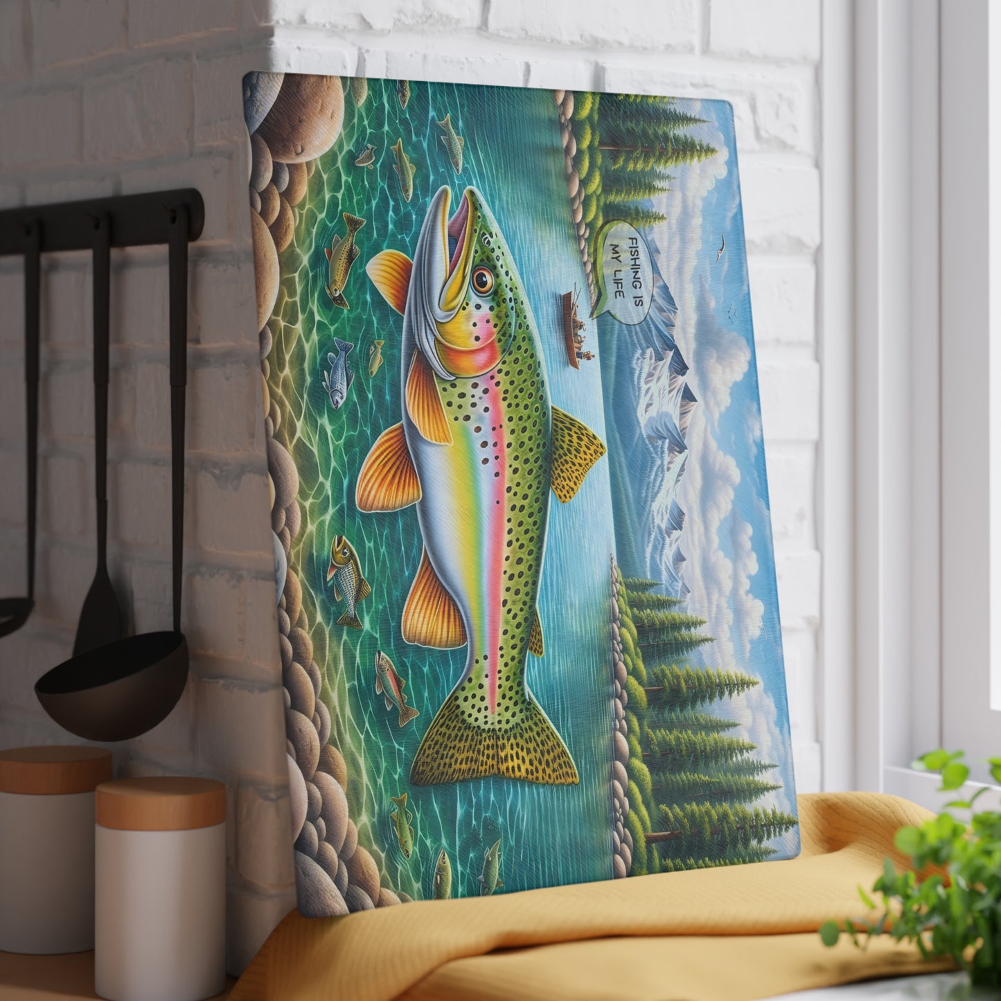 Fishing Is My Life Glass Cutting Board – Colorful Trout Lake Fishing Artwork