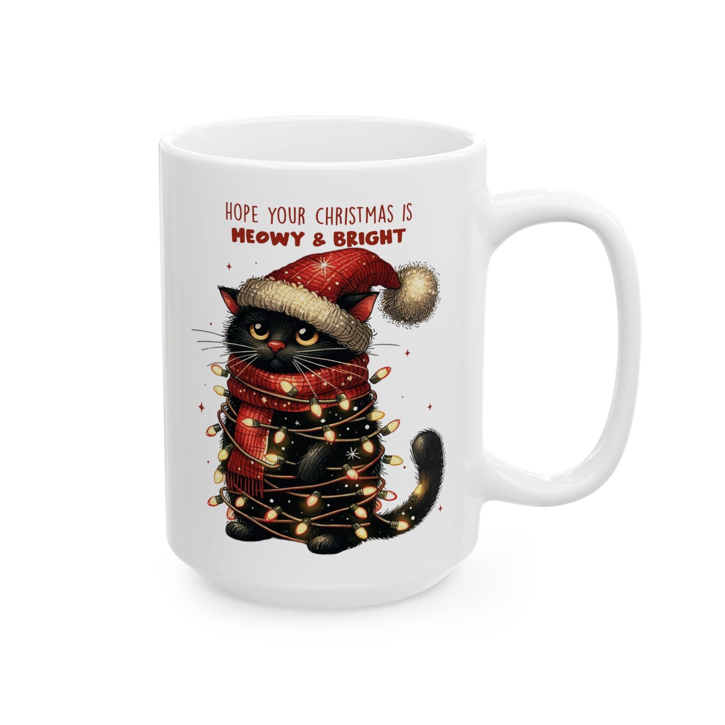 🐾🎄 Meowy & Bright Cat Christmas Mug – Festive Black Cat with Lights & Sass 🎅✨