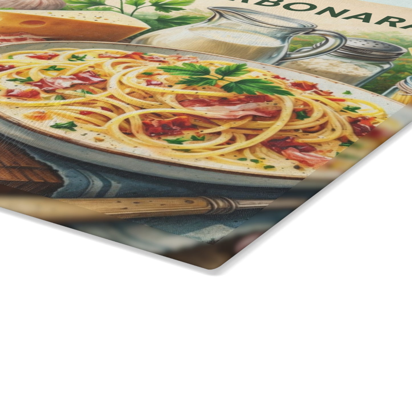 Spaghetti alla Carbonara Recipe Glass Cutting Board – Classic Italian Kitchen Artwork