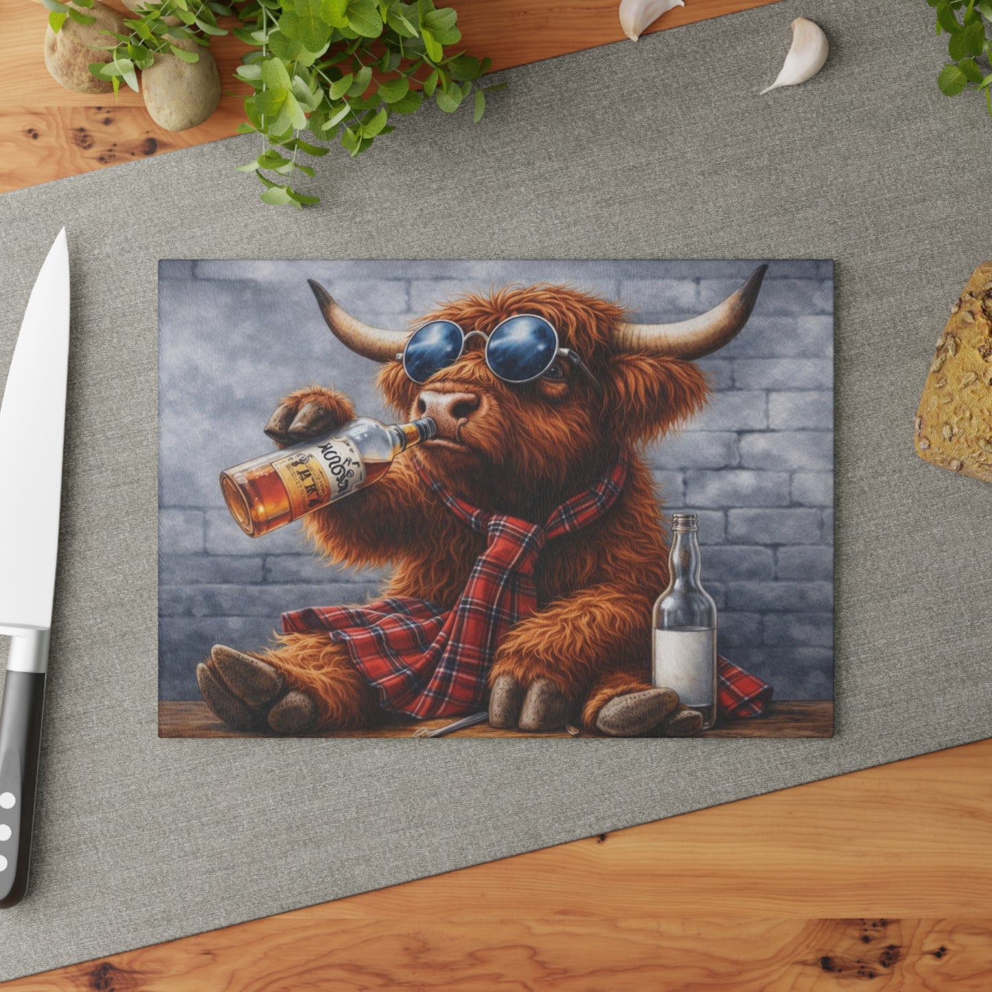 Cool Shades Highland Cow Glass Cutting Board – Playful Farm Bar Art with Bold Rustic Attitude