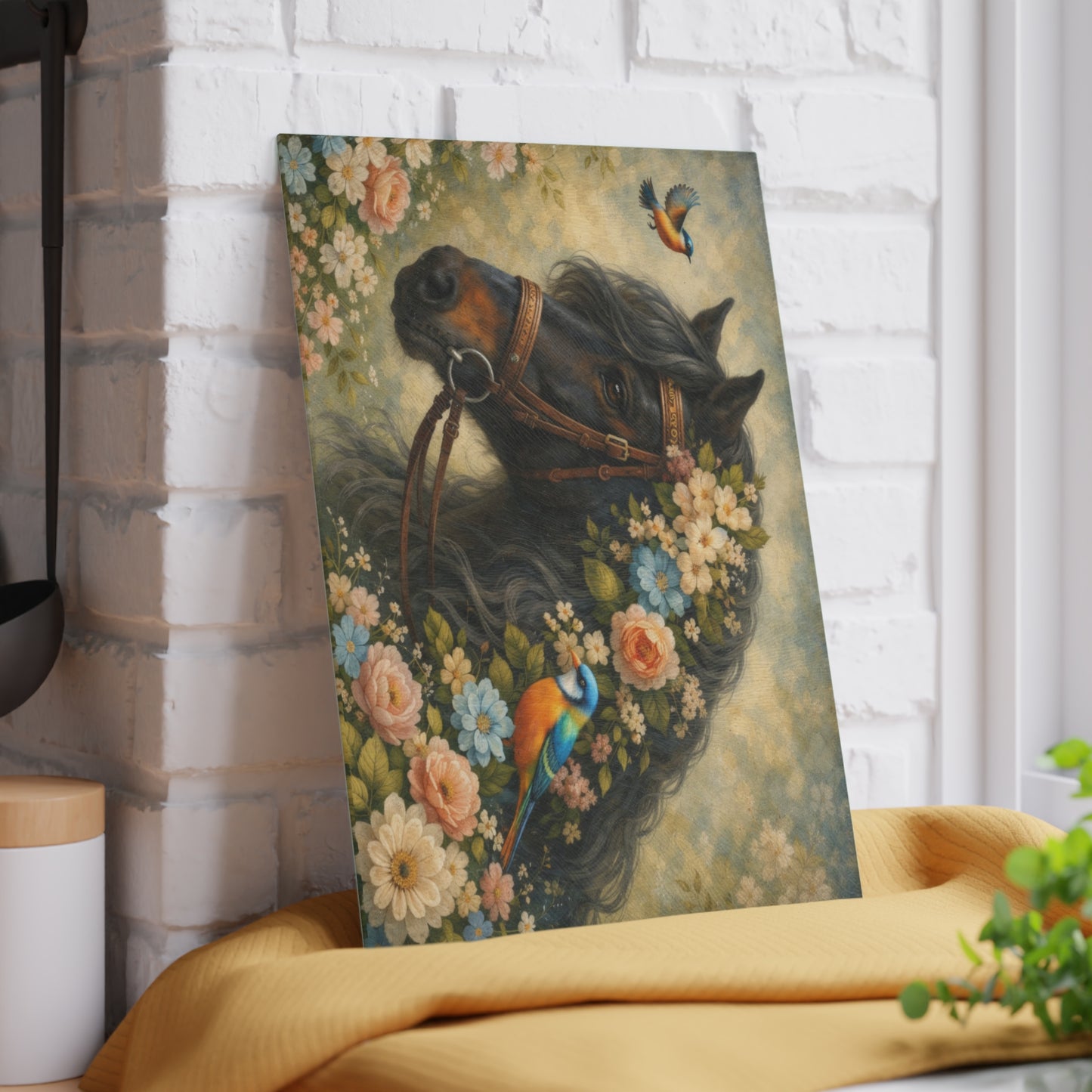 Floral Horse Glass Cutting Board – Elegant Country Farmhouse Kitchen Decor with Birds and Garden Flowers