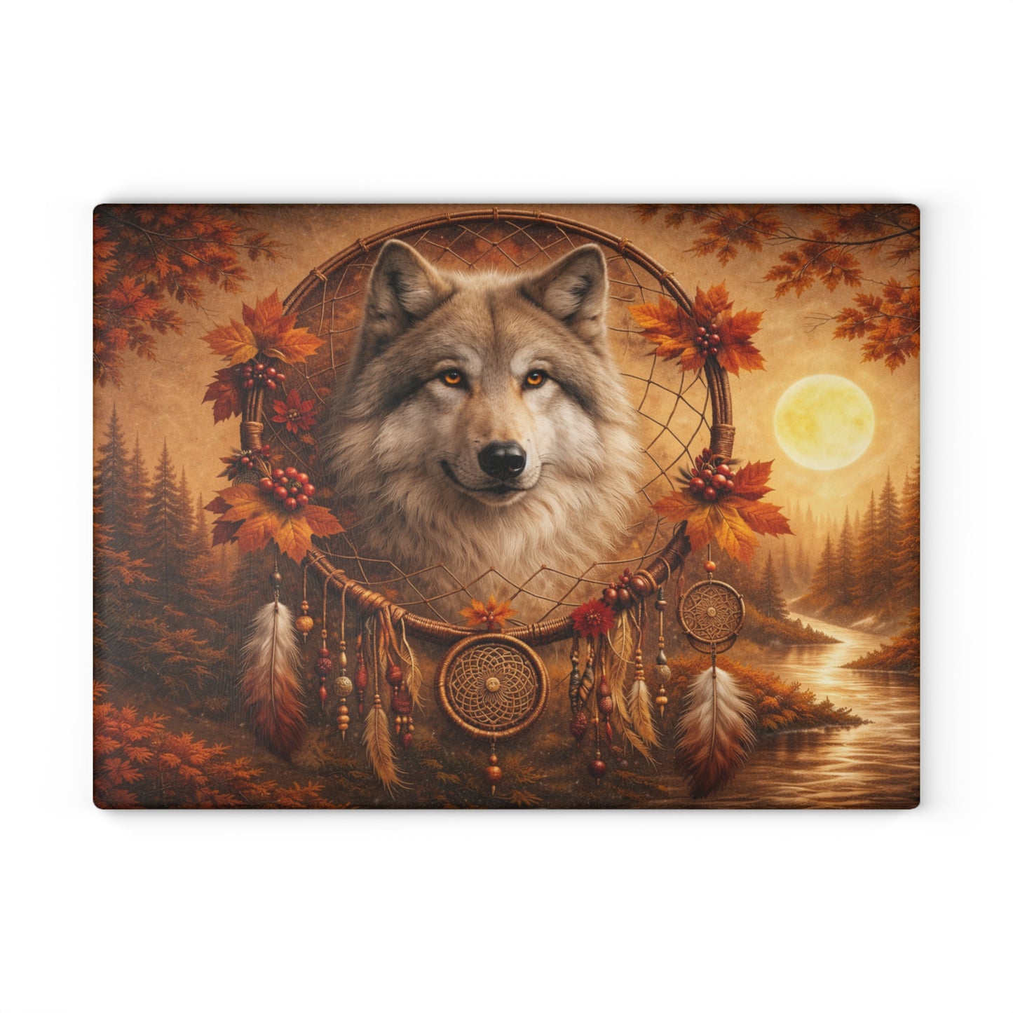 Autumn Wolf Dreamcatcher Glass Cutting Board – Rustic Woodland Wildlife Kitchen Art