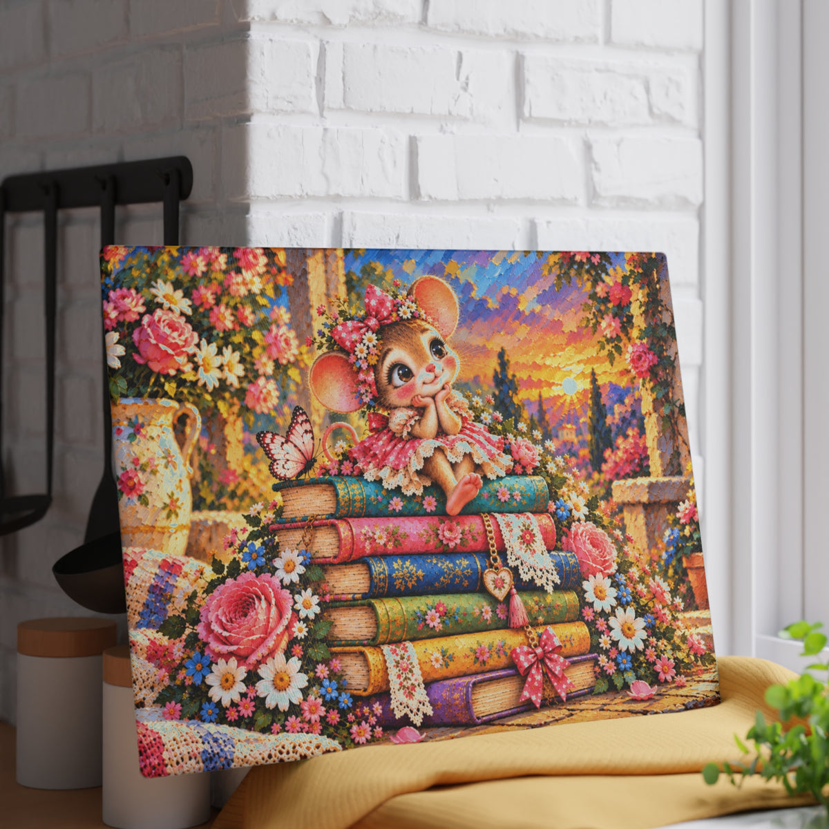 Adorable Mouse on Colorful Books Tempered Glass Cutting Board – Whimsical Floral Storybook Art – 11 × 15 Inches
