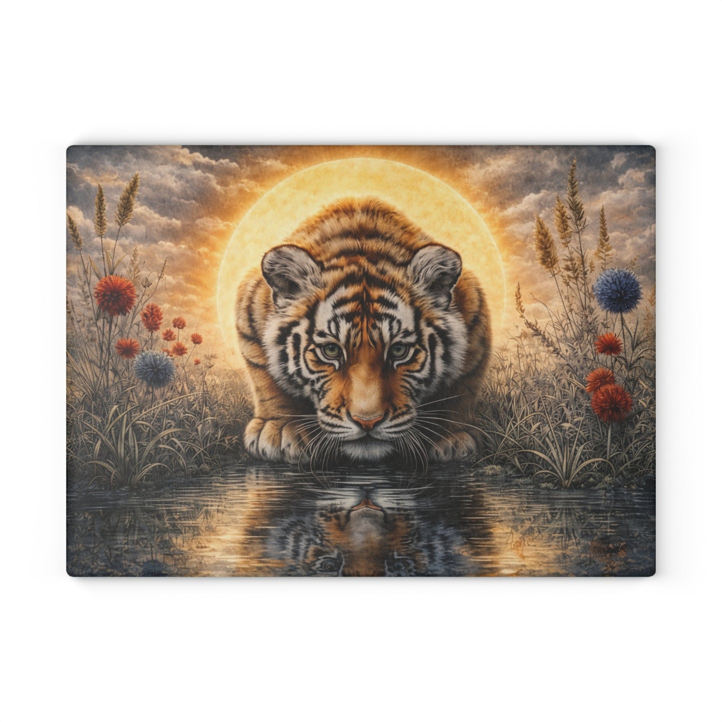 Tiger at Golden Sunset Glass Cutting Board – Majestic Wildlife Reflection Artwork
