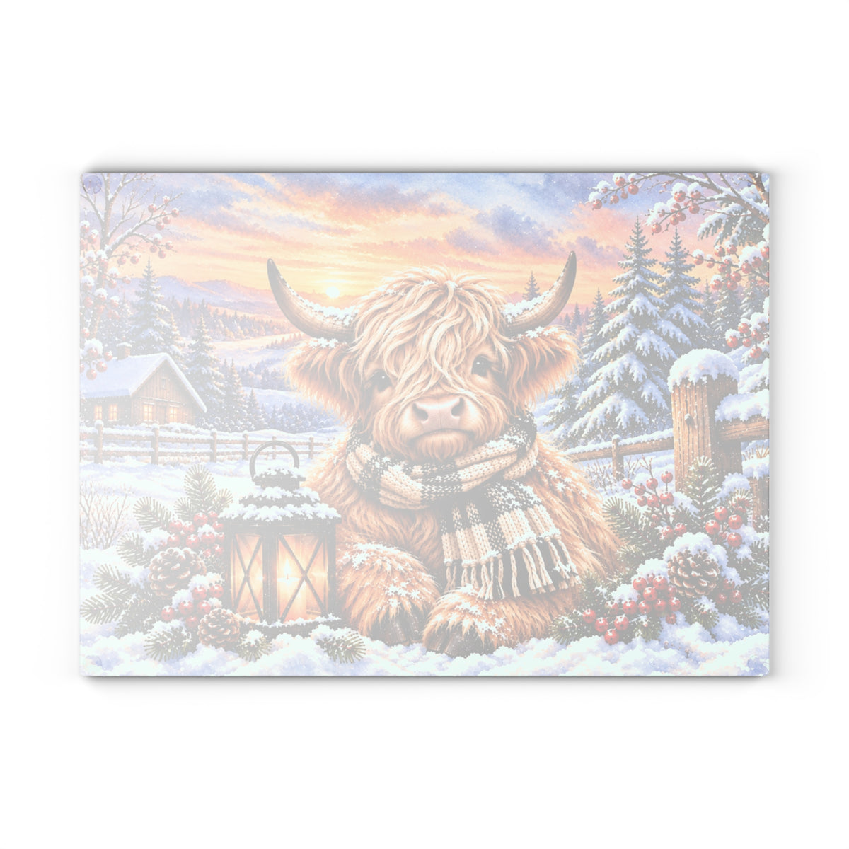 Winter Highland Cow Tempered Glass Cutting Board – Cozy Plaid Scarf Snowy Farmhouse Art – 11 × 15 Inches