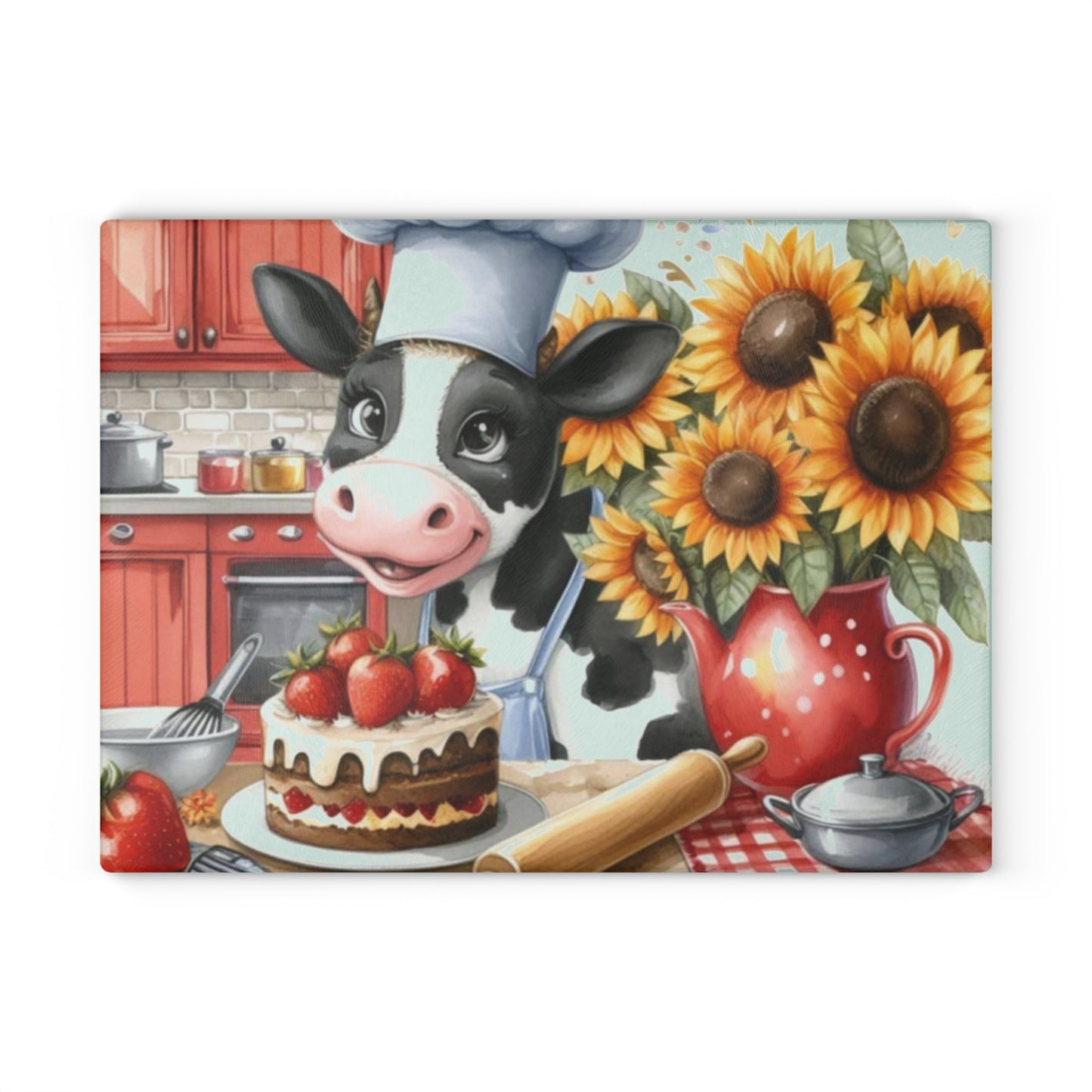 🐄 Baking Cow with Strawberries & Sunflowers Cutting Board – Whimsical Farmhouse Kitchen Fun 🍓🌻