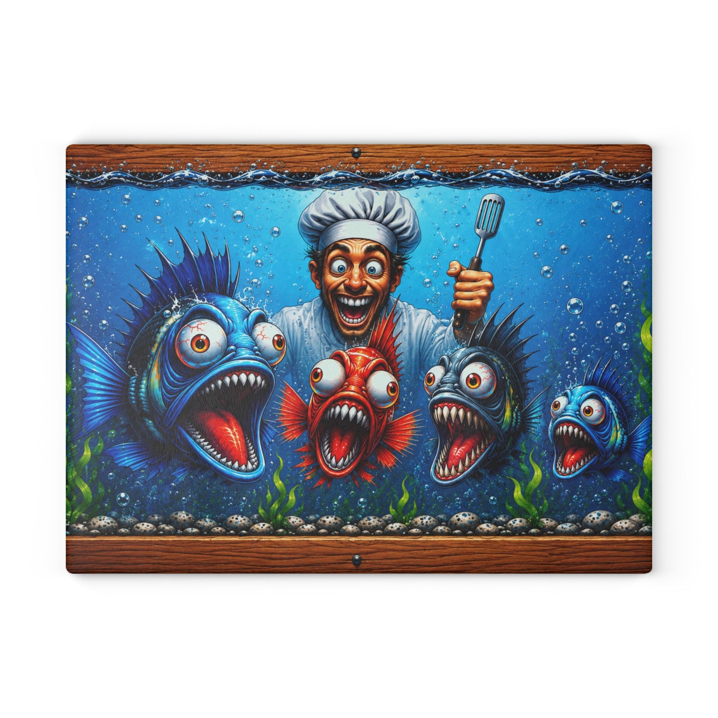 Kitchen Chaos: Fish & Chef Glass Cutting Board – Funny Aquarium Kitchen Décor