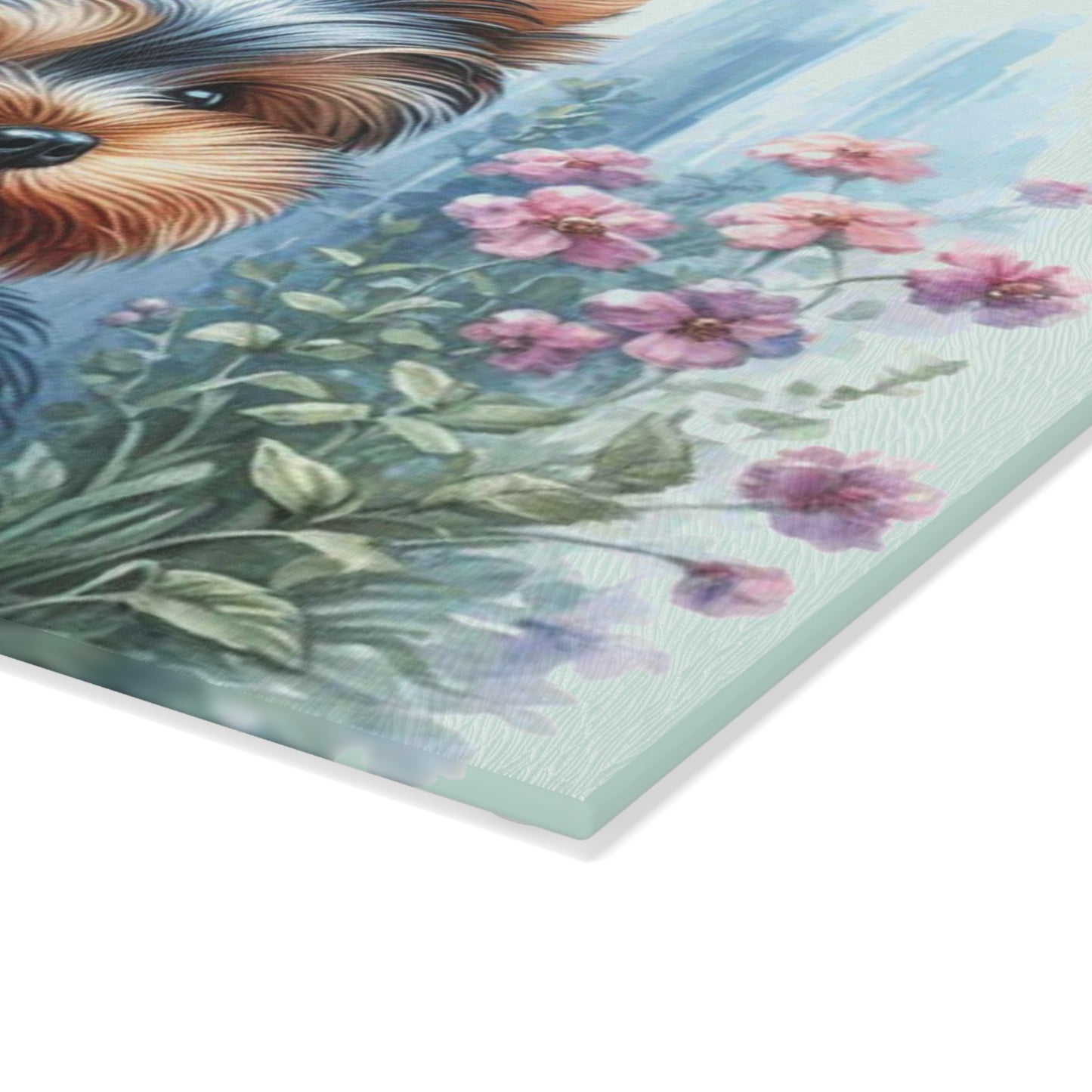 Cottage Yorkie Peek Glass Cutting Board – Floral Pup Charm for Cozy Kitchens