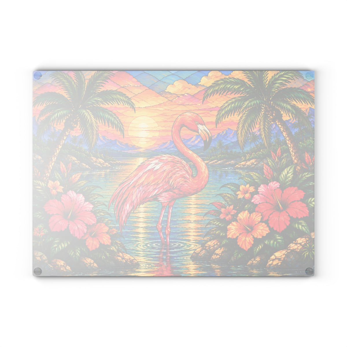 Stained-Glass-Inspired Pink Flamingo Cutting Board – Tropical Sunset, Palm Trees, Colorful Hibiscus Flowers & Coastal Kitchen Décor