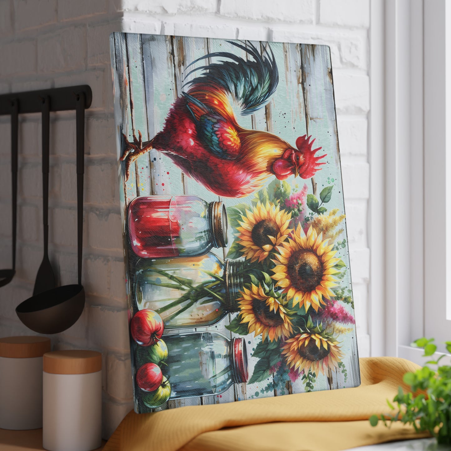 🐓 Bold Rooster & Mason Jar Cutting Board – Rustic Sunflower Farmhouse Decor