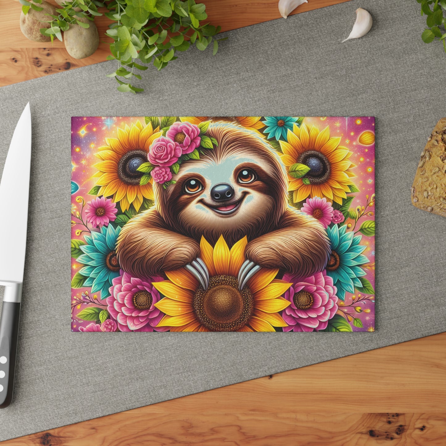 🦥 Sunflower Sloth Cutting Board – Whimsical Blooms for Your Kitchen 🌻