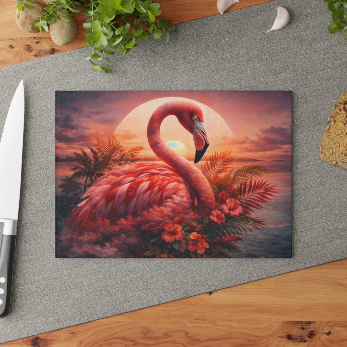 Flamingo Sunset Glass Cutting Board – Tropical Coastal Art Kitchen Display