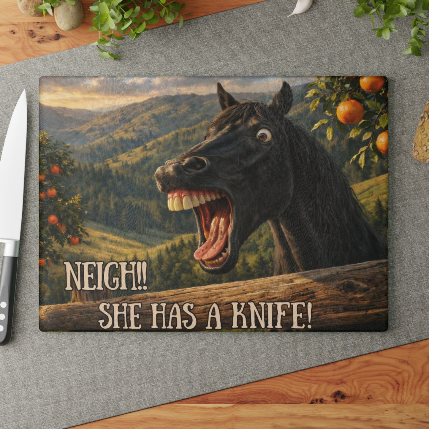 Funny Horse Neigh She Has a Knife Glass Cutting Board – Humorous Farmhouse Horse Lover Kitchen Decor
