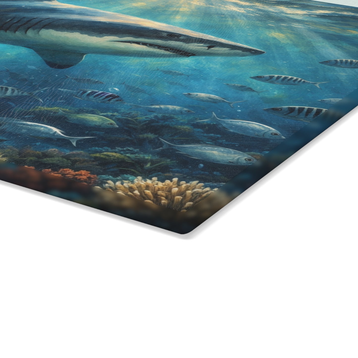Guardian of the Deep Glass Cutting Board – Majestic Ocean Shark Artwork