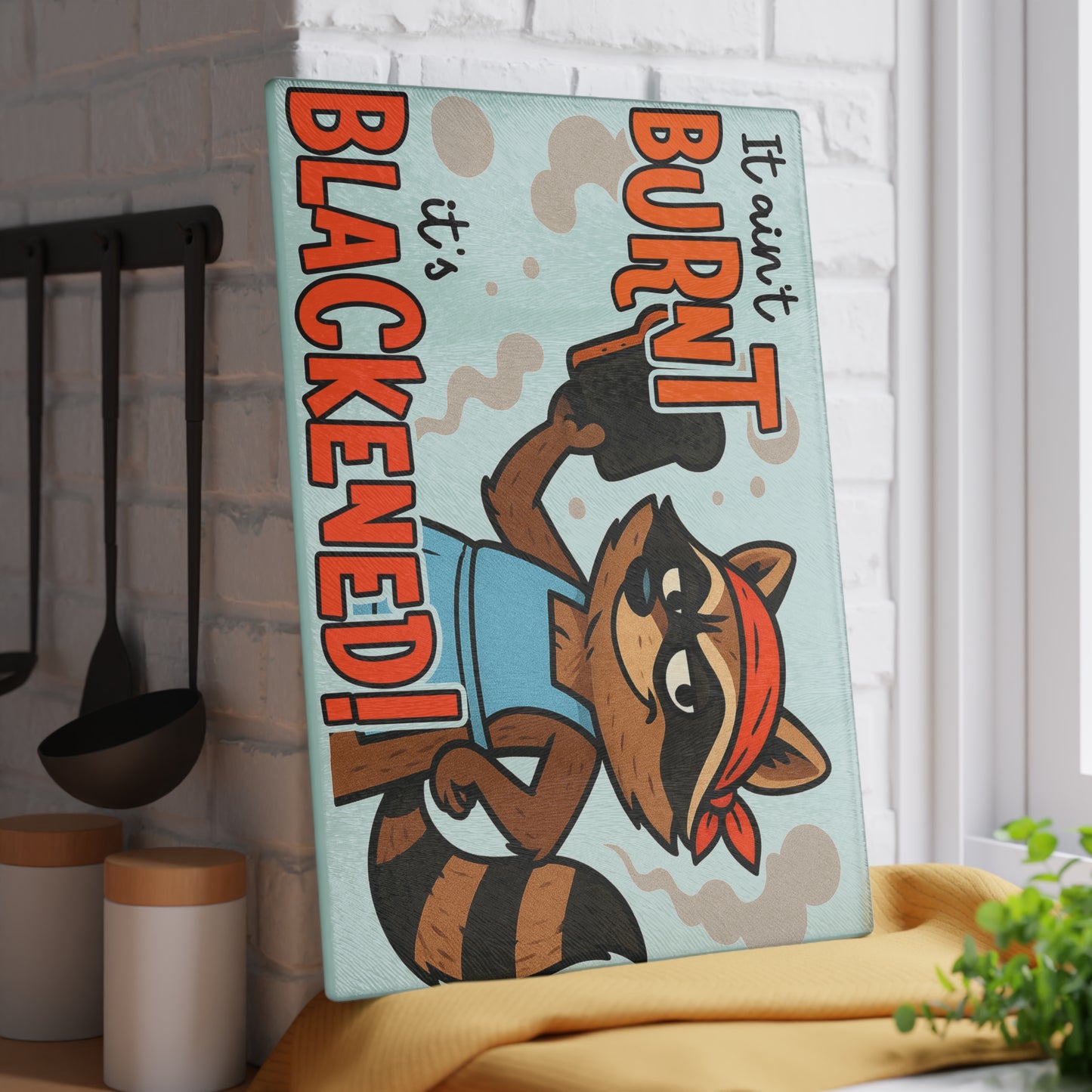 🦝🔥 Funny Raccoon Cutting Board – “It Ain’t Burnt, It’s Blackened” 😆