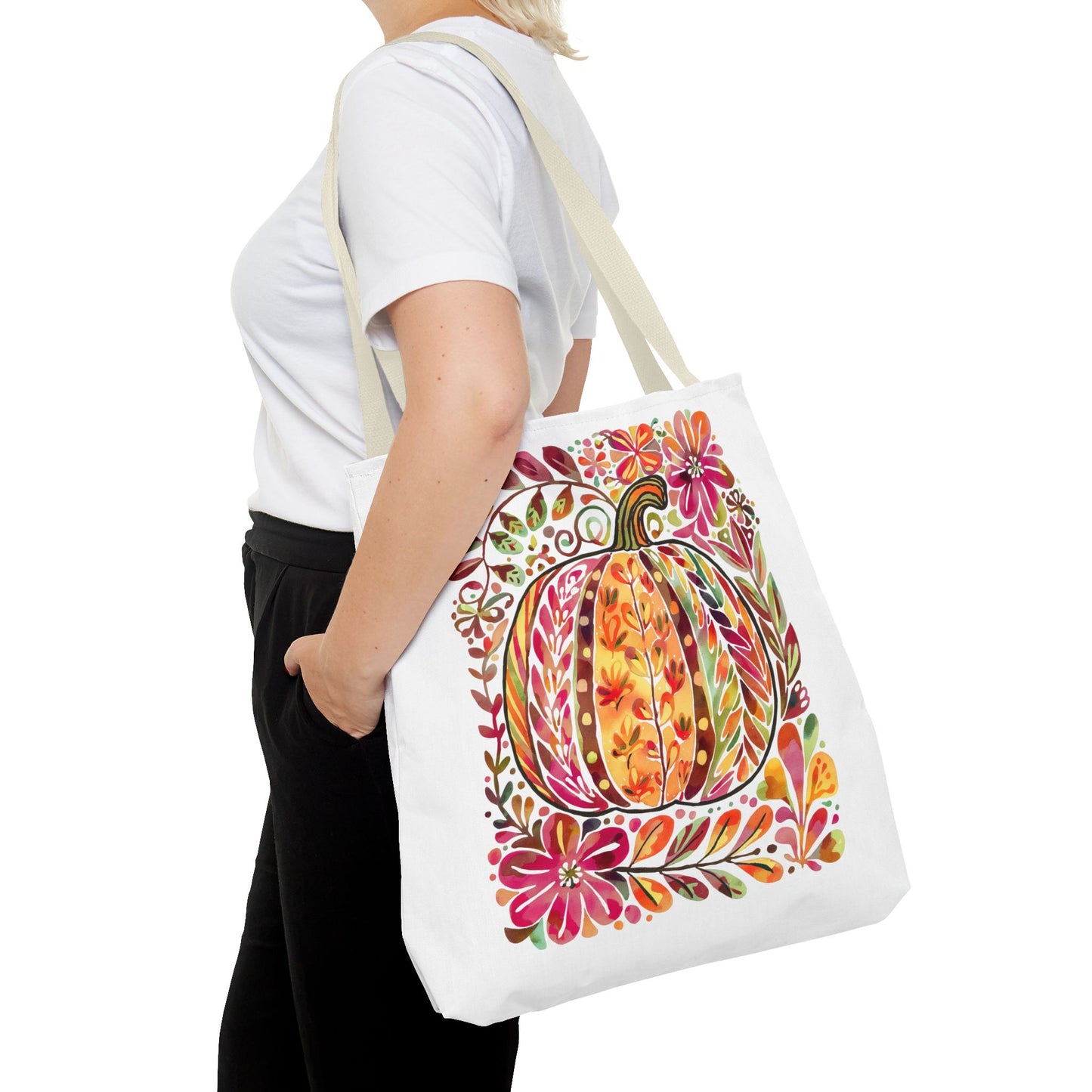 🎨 Watercolor Autumn Pumpkin Floral Tote Bag – Artistic Fall Charm 🍂