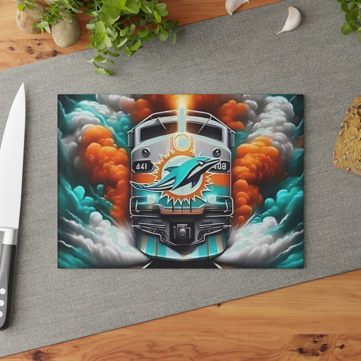 Teal & Orange Express Glass Cutting Board – Tropical Train Design for Vibrant Kitchens