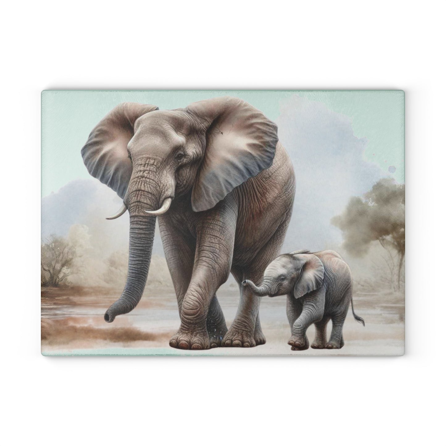 Mama Elephant and baby tempered glass cutting board