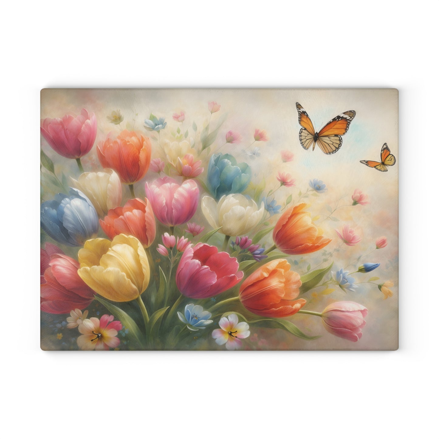 Tulips and Butterflies Glass Cutting Board – Elegant Floral Spring Kitchen Art