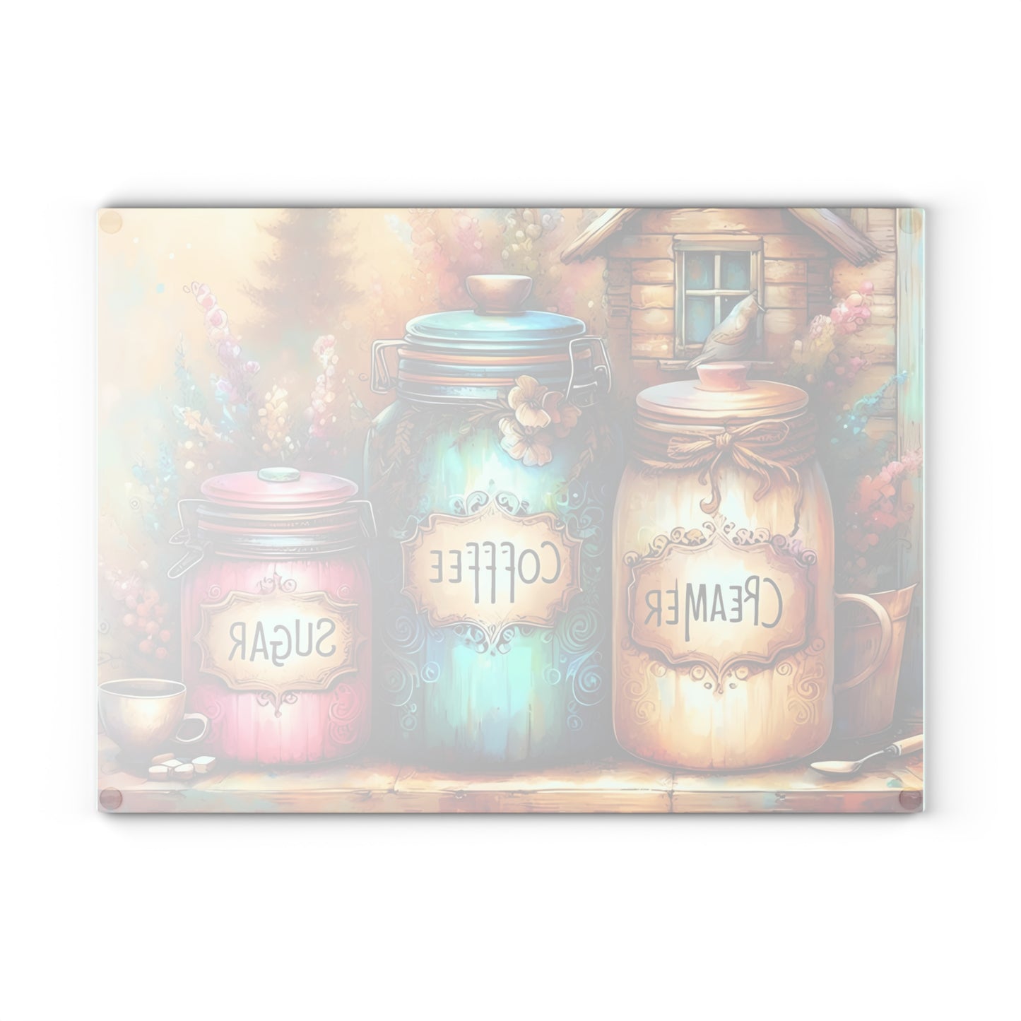 Farmhouse Canister Glass Cutting Board – Coffee, Sugar & Creamer Display