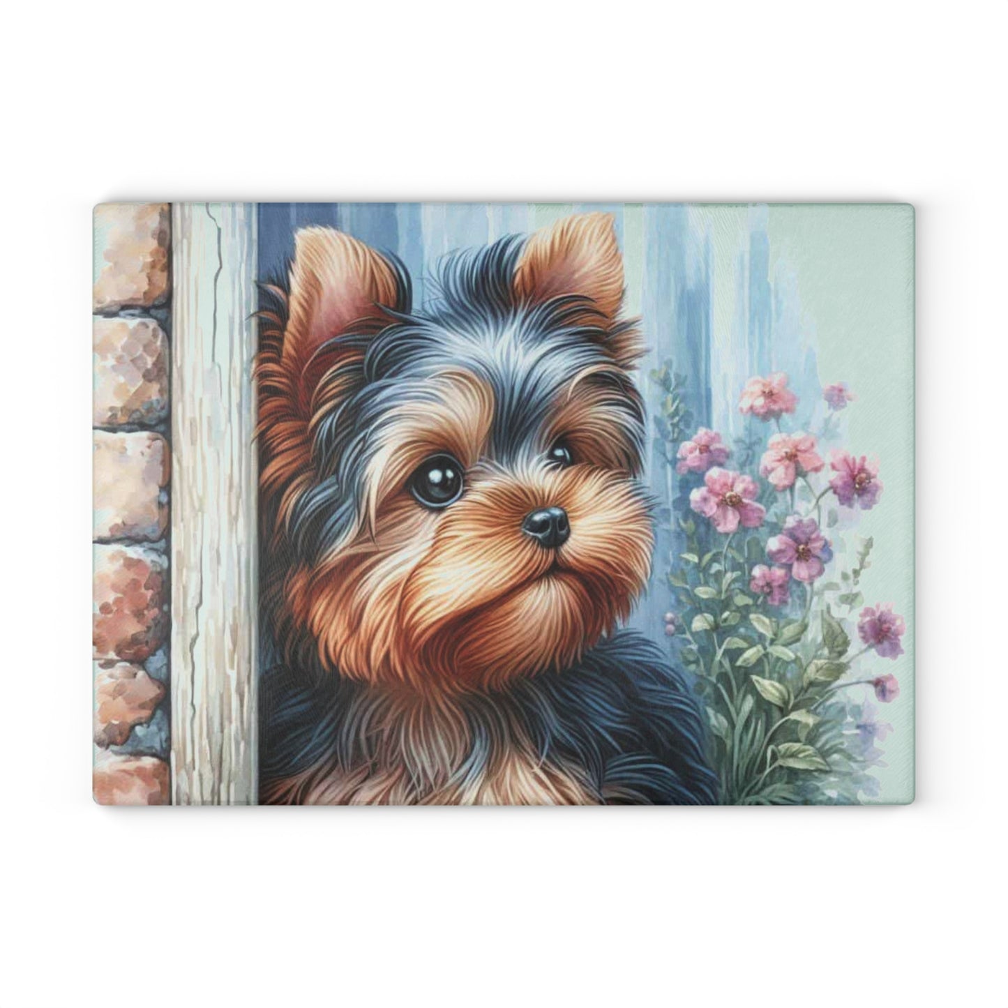 Cottage Yorkie Peek Glass Cutting Board – Floral Pup Charm for Cozy Kitchens