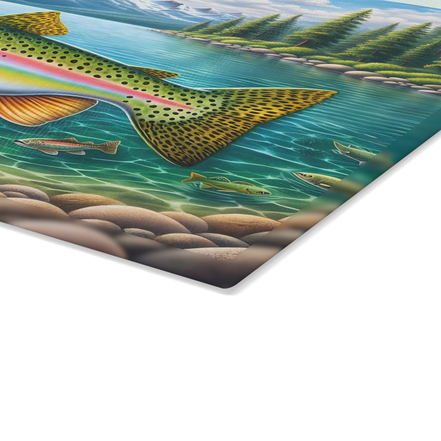Fishing Is My Life Glass Cutting Board – Colorful Trout Lake Fishing Artwork