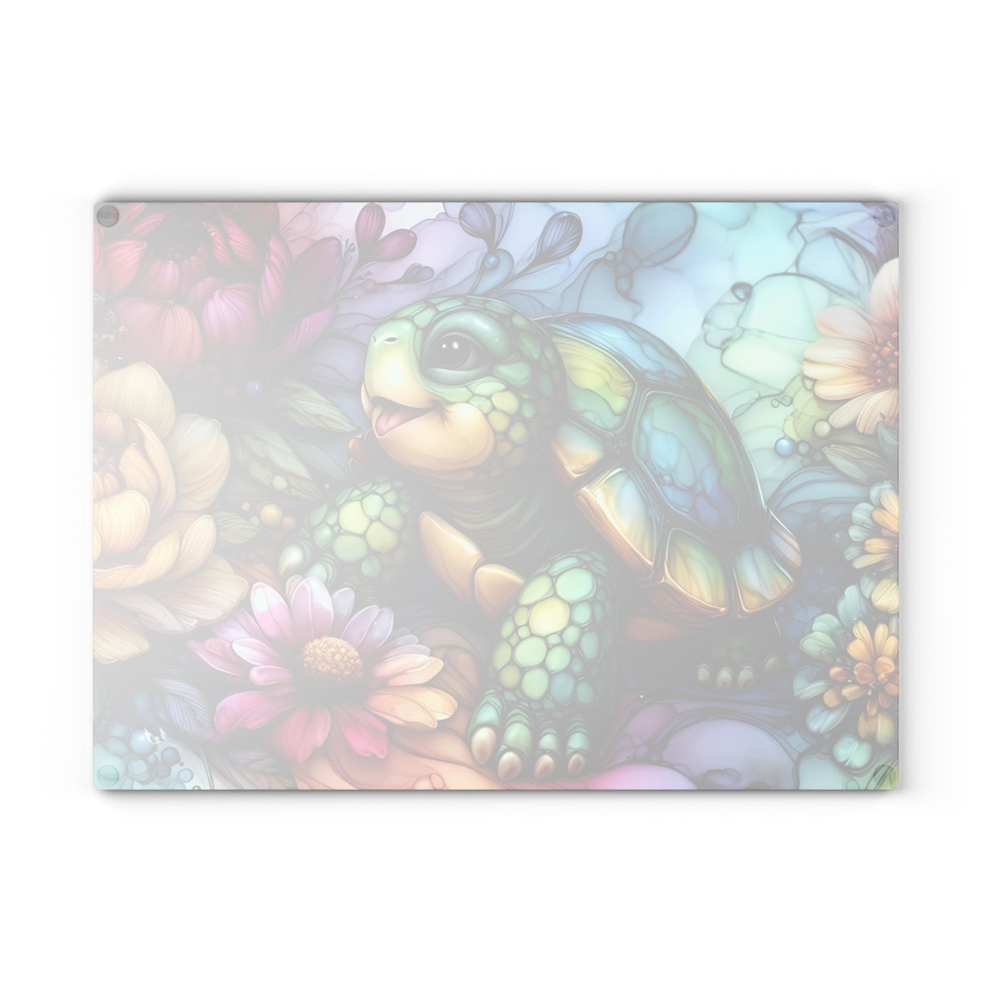 Tortoise in Bloom Glass Cutting Board – Floral Wildlife Kitchen Art