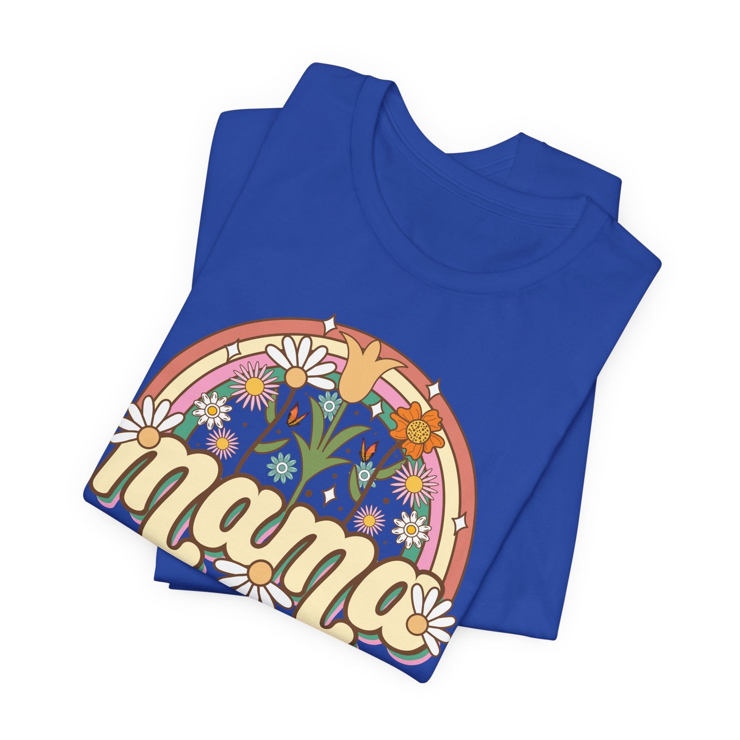 🌼🌈 Retro Floral Mama T-Shirt – Boho Rainbow Graphic Tee for Moms 🌻✨
