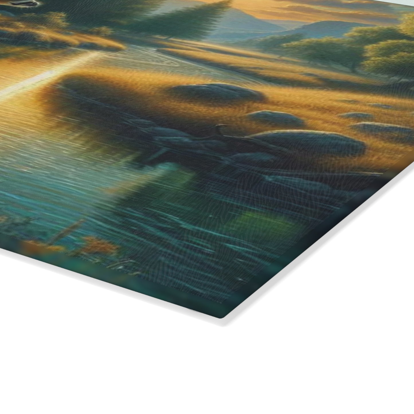 🦌🌅 Golden River Deer Cutting Board – Peaceful Nature Landscape Art 🌅🦌