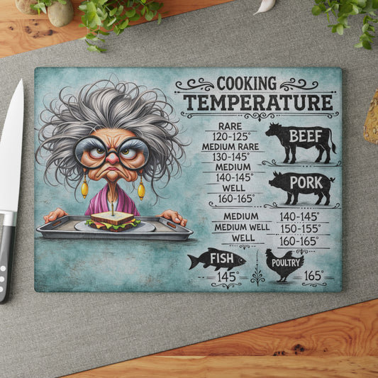 Cooking Temperature Guide Glass Cutting Board – Funny Kitchen Conversion & Meat Temperature Chart Decor