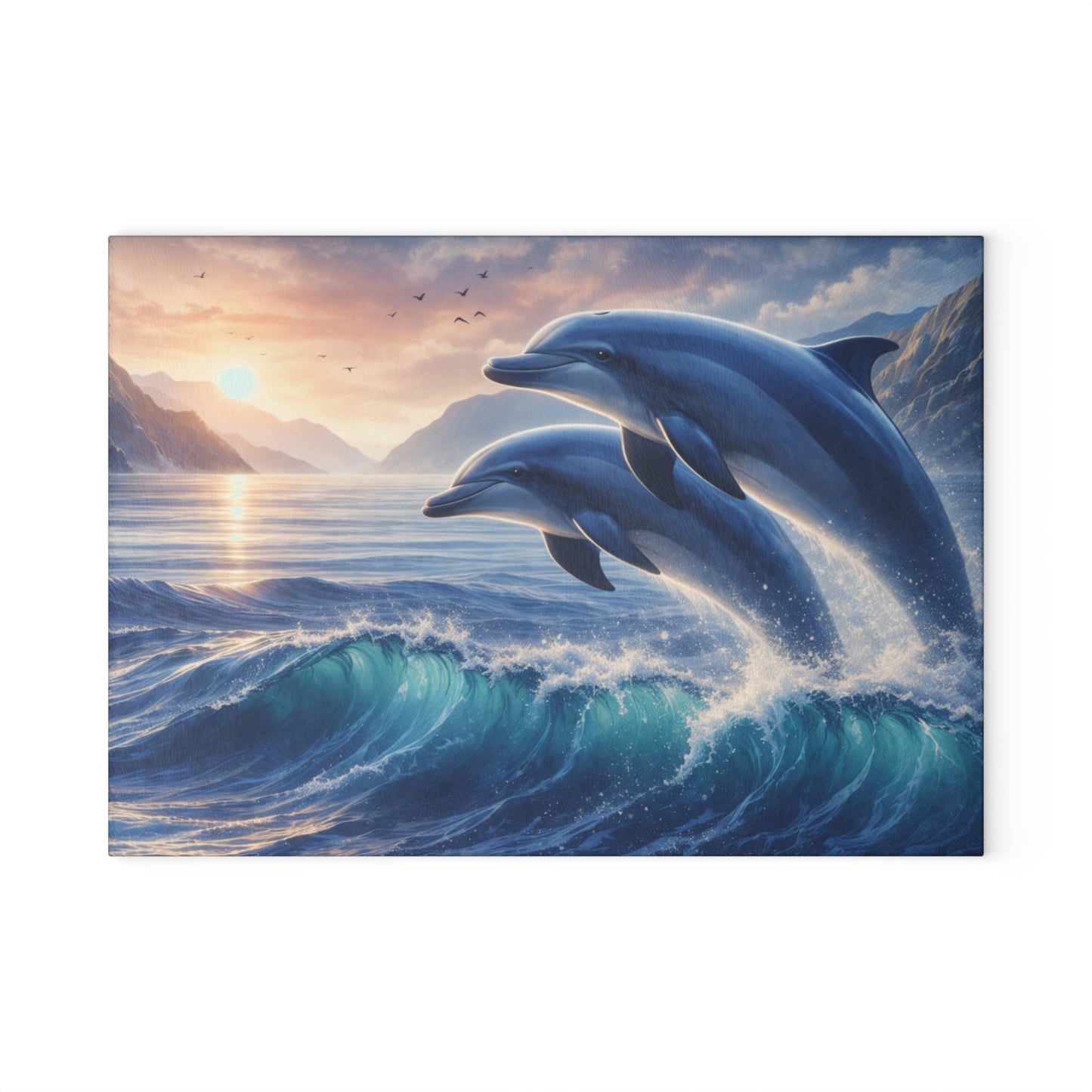 Dolphin Sunset Glass Cutting Board – Ocean-Inspired Artwork with Joyful Dolphins