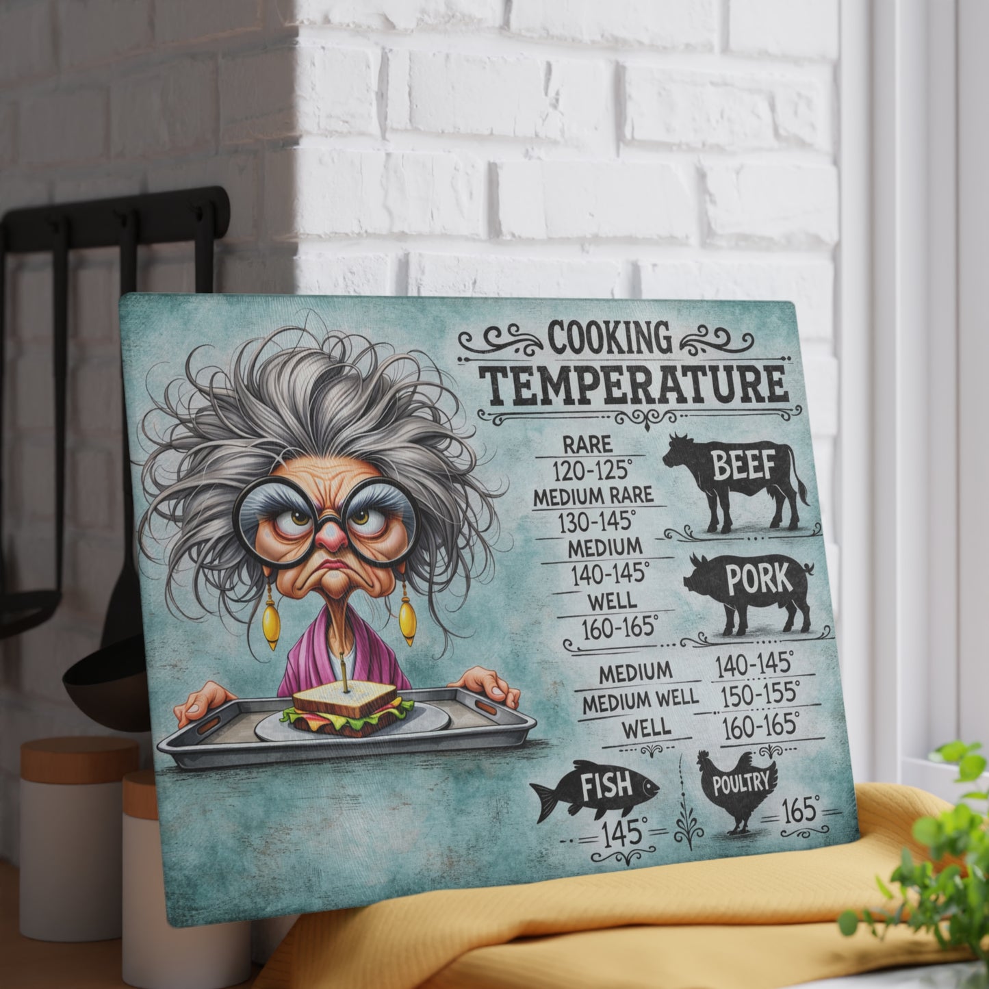 Cooking Temperature Guide Glass Cutting Board – Funny Kitchen Conversion & Meat Temperature Chart Decor