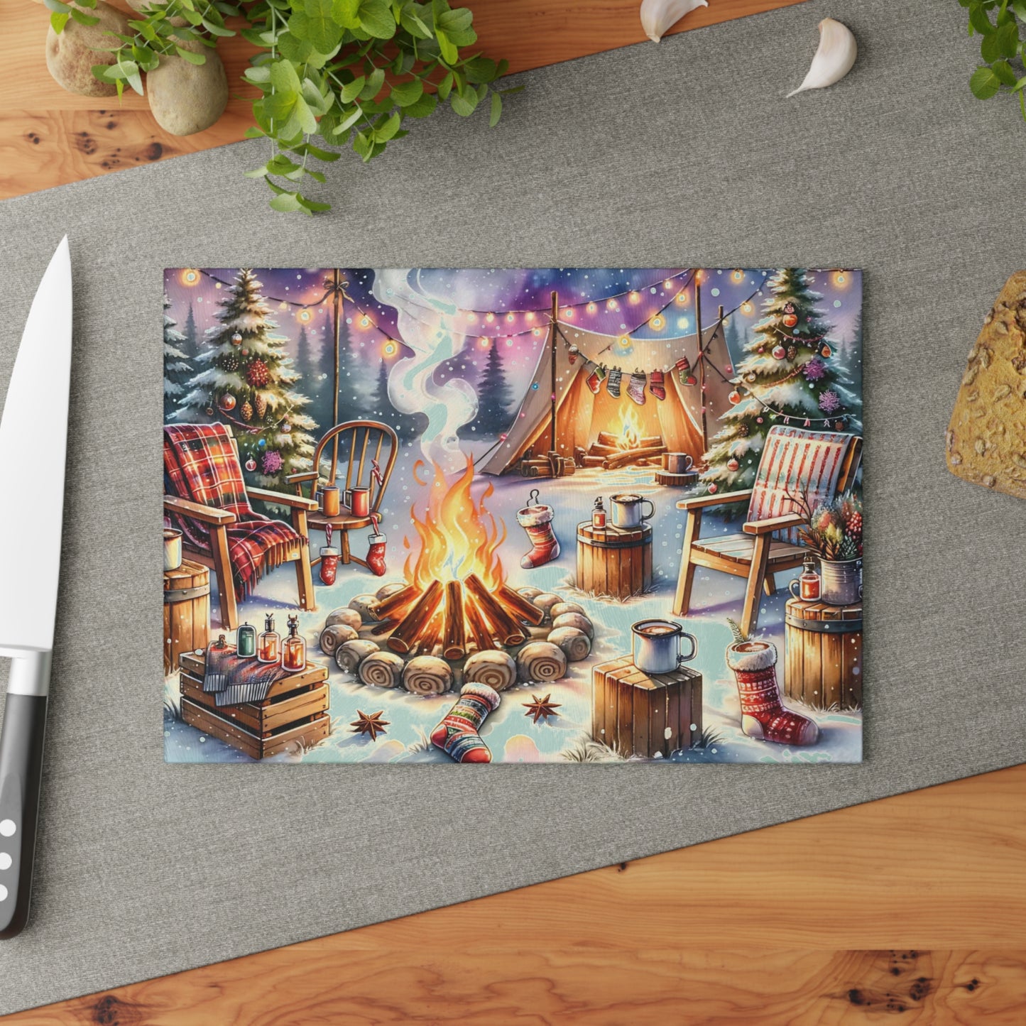🔥🏕️ “Cozy Campfire Christmas” Glass Cutting Board – Winter Charm for Your Kitchen